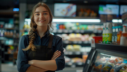 beautiful supermarket worker standing in grocery aisle - obrazy, fototapety, plakaty