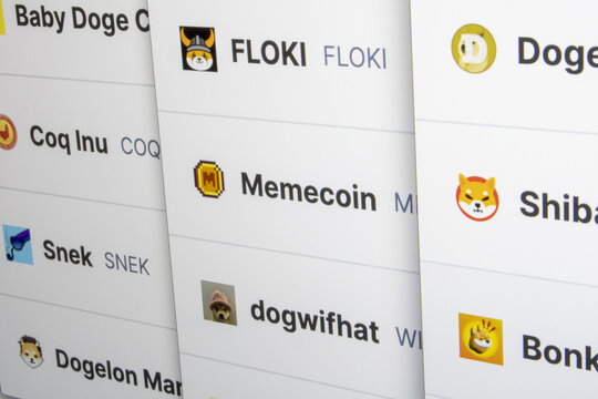 Meme coins on crypto exchange screen focused on memecoins category, as BONK, SHIB, FLOKI, PEPE, MEME, ELON, SNEK, COQ, WIF, CORGIAI or BabyDoge.