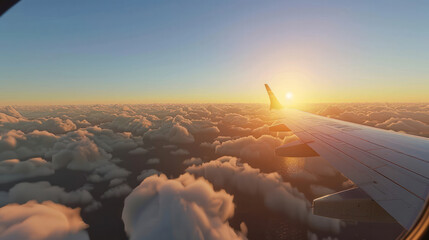 Airplane wing flying above the clouds. See the sunrise from a passenger's perspective. All you can...
