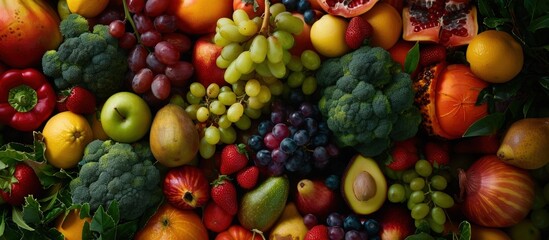 Assorted of colorful fresh fruits and vegetables texture background. Generated AI image - obrazy, fototapety, plakaty