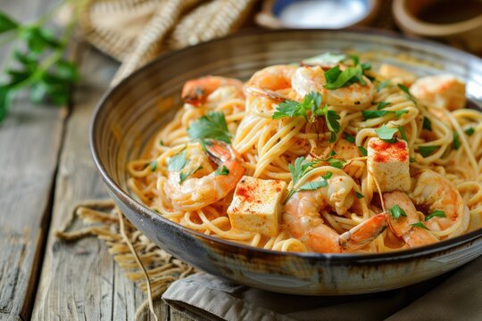 Image of Creamy Laksa sause tossed with spaghetti, topped with prawn & fried bean curd with wooden table 