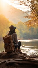 A rear view of a young female tourist with a large backpack and hat, looking into the distance against the background of autumn nature and the river. Travel, Vacations, Camping, Lifestyle, Summer.