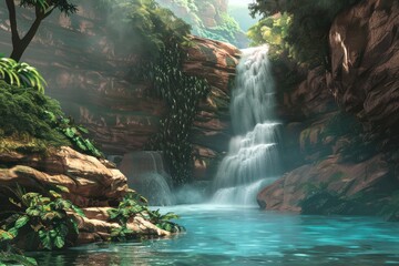Waterfall cascading down rugged cliffs into a crystal-clear pool below, surrounded by lush greenery and mist rising into the air.