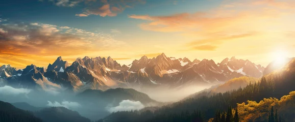 Foto op Canvas Breathtaking gradient mountain range bathed in golden sunlight, presenting the cutest and most beautiful alpine view. © HASHMAT