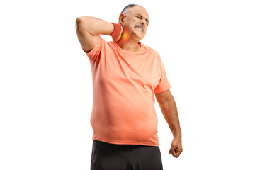 Mature man in sportswear with neck pain - obrazy, fototapety, plakaty