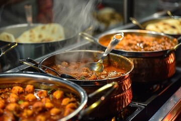 Curry house in a vibrant Indian market, with pots of fragrant curry bubbling away and naan bread baking in a tandoori oven.