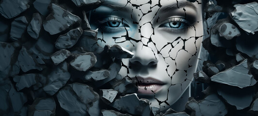 Surreal female face emerging from shattered rock fragments