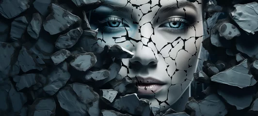 Foto op Canvas Surreal female face emerging from shattered rock fragments © thodonal