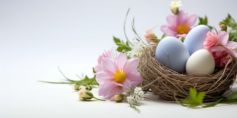 Pastel easter eggs amidst blooming flowers on a white backdrop