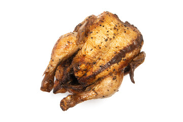 A whole delicious roasted chicken seasoned with herbs top view isolated on white background clipping path