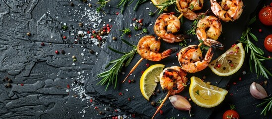 Delicious seafood menu of shrimps prawns brochette skewer kebab on grey stone. Generated AI image