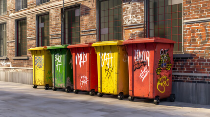 Row of colorful dumpsters with graffiti in front of a brick wall