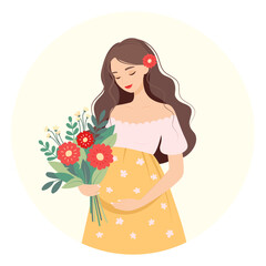 Pregnant happy beautiful woman with a large bouquet of flowers. Concept of pregnancy and motherhood. Waiting for a miracle