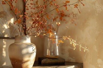 Close-up of autumnal home decor featuring muted colors, creating a holiday-themed photorealistic aesthetic backdrop.