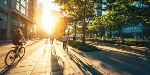 bicycle eco transportation in urban green city, people riding bicycle on street, concept of environmentally friendly sustainable travel or green transport