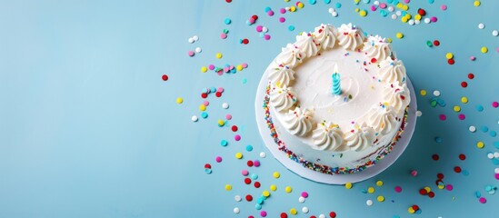 Close up a white birthday cake isolated on blue color background. Generated AI image - obrazy, fototapety, plakaty