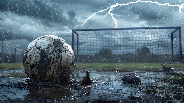 Soccer ball on a muddy football field, thunderstorm with heavy rain with gray clouds. Concept of football matches postponed due to bad weather