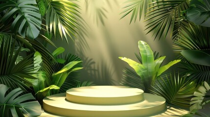 Obraz premium podium stage product presentation holiday ,Tropical plant background with promotional product placement