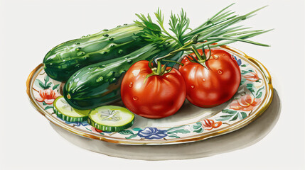 Vegetables tomatoes cucumber green onion on a plate