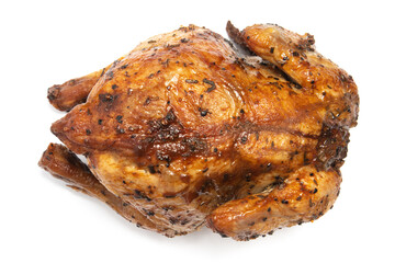 A whole delicious roasted chicken seasoned with herbs top view isolated on white background clipping path