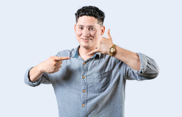 Interpreter person gesturing CALL ME in sign language isolated. Smiling people gesturing CALL ME in...