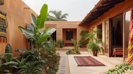 A Ghanaian suburban craftsman residence, blending traditional Ashanti architecture with modern elements, featuring vibrant textiles, adobe walls, and a courtyard filled with tropical plants.
