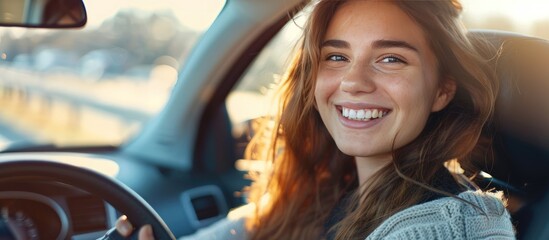 Portrait happy smiling woman driving a new car. Generated AI image