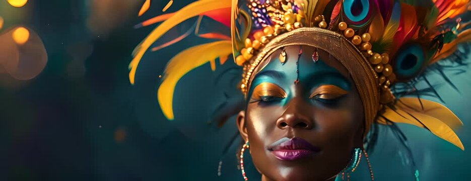 African woman with makeup and feathers on her head at night party ,concept carnival 4K Video
