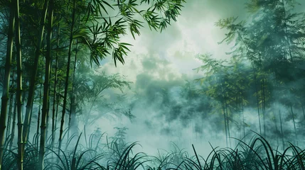  Vibrant green bamboo trees with a clouded backdrop © Jafger