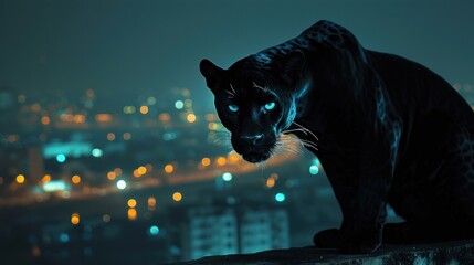 a black cat with blue eyes standing on a ledge in front of a cityscape with buildings in the background.