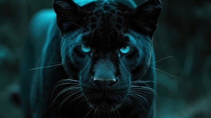 a close up of a black panther's face with a blue light shining on it's left eye.