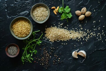 Ingredients for Indian cuisine are on a black surface. The composition of the dish includes brown rice, herbs and spices.  - obrazy, fototapety, plakaty