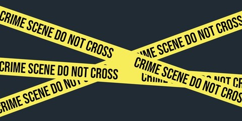 Crime scene tape. Criminal illustration on black background. Yellow warning barrier tape. 