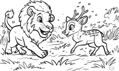 Whimsical Wildlife Adventures, Playful Lion and Deer Friends Coloring Pages