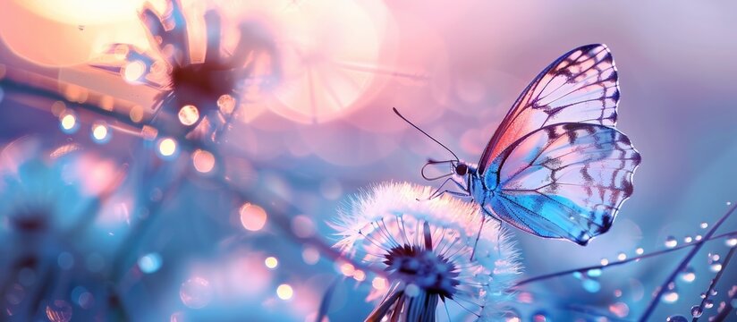 Fototapeta Close up morpho butterfly insect on dandelion flower with soft blur background. Generated AI image