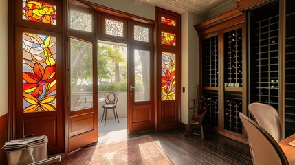 A Buenos Aires craftsman dwelling, with tango-inspired stained glass windows and a hidden wine cellar - obrazy, fototapety, plakaty
