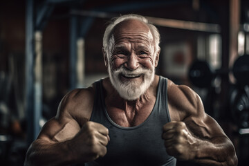 Old athle Muscula. Fitness man at workout. Elderly pensioner old man smiling in gym. 60-70 Year Old Bodybuilder. Funny old grandfather in gym. Pensioner with smile lifts weight in sports club. - obrazy, fototapety, plakaty