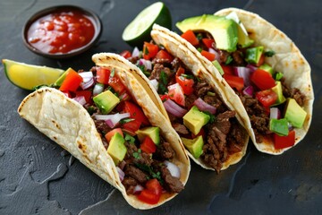 Mexican tacos with beef, tomatoes, avocado, onion and salsa sauce on a dark concrete background 