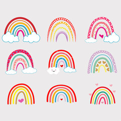 colourful rainbow vector, Vector rainbow collection, Hand drawn rainbow pattern design, Cute vector pastel rainbow set, Cute rainbow in doodle style vector set