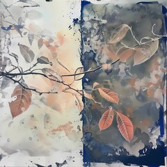 Seasonal leaf background, digital watercolor and collage - 748641601
