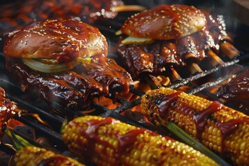 Mouthwatering barbecue scene, with juicy burgers sizzling on the grill, corn on the cob dripping with butter, and ribs glazed with sticky barbecue sauce.