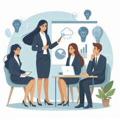 Woman presenting her idea to colleagues, vector illustration