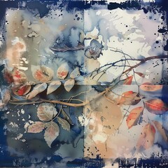 Seasonal leaf background, digital watercolor and collage - 748641616