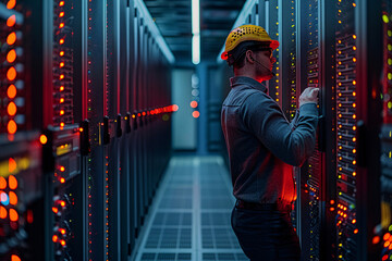 Fototapeta na wymiar networking engineer, netwokring equiment, electrician at work, servers, server room, IT Administrator, Datacenter, service provider, database, computer server room, data storage, network hub and patch
