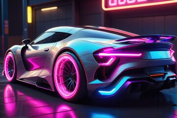 Cyberpunk-style sport car with neon lights, at the night street backdrop,back view.Car Dealership...