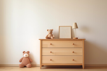 Nursery interior. Bed, toys, photo frame backdrop. White bedroom. Children's Playroom.