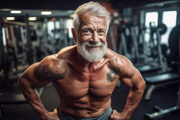 Old athle Muscula. Fitness man at workout. Elderly pensioner old man smiling in gym. 60-70 Year Old Bodybuilder. Funny old grandfather in gym. Pensioner with smile lifts weight in sports club. - obrazy, fototapety, plakaty