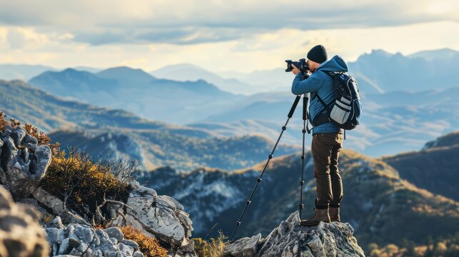 Male photographer taking pictures of beautiful landscapes,Tourist in mountain peak.