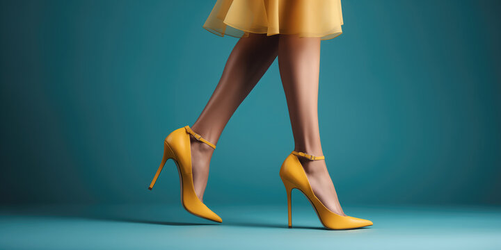 A woman's legs elegantly posed in yellow high heels, complemented by a yellow dress against a blue background.