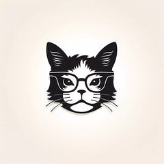 black and white vector logo of a cat's head with glasses, on a minimalist background. generative ai